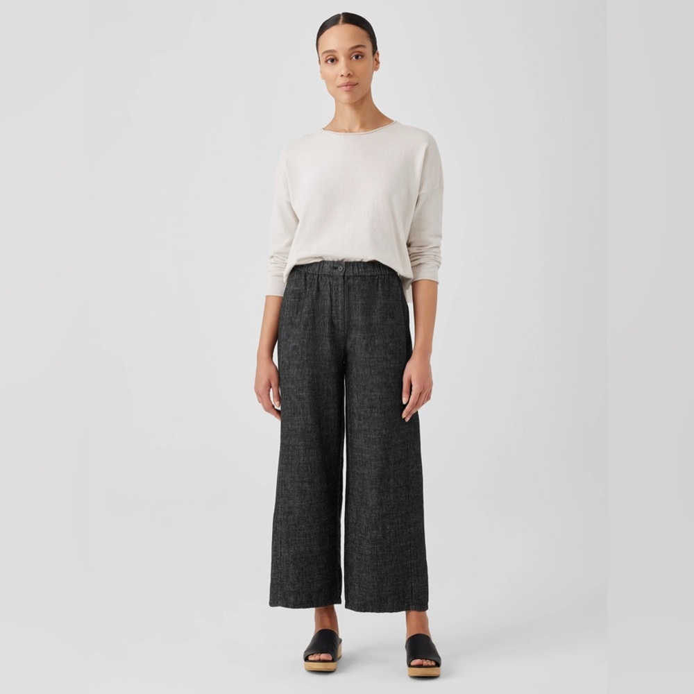 Eileen Fisher Navy Indigo Tweedy Hemp Cotton Wide Leg Trousers Size 6